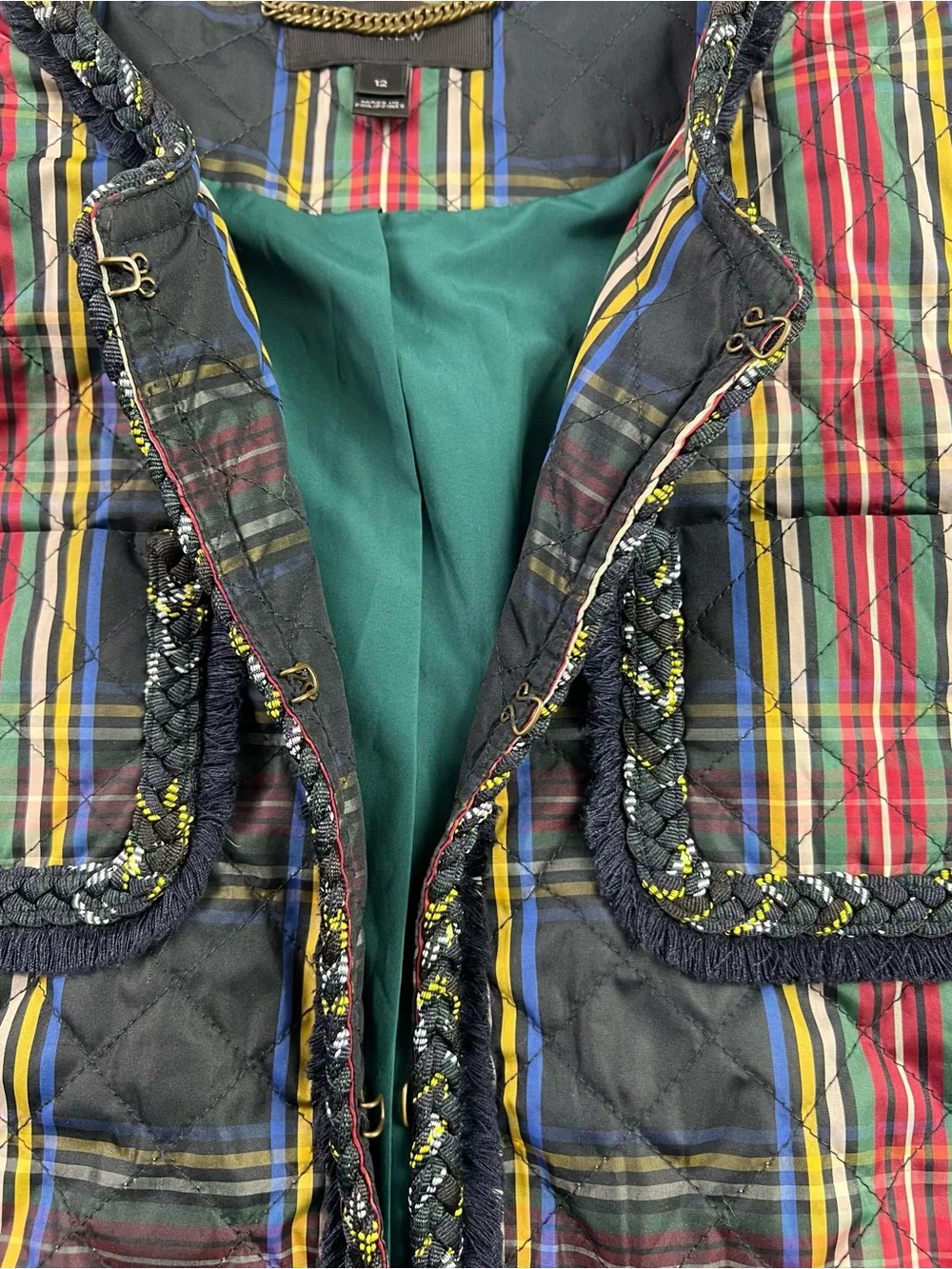 J. Crew Quilted Lady Stewart Tartan Plaid with Braided Trim Collarless Jacket